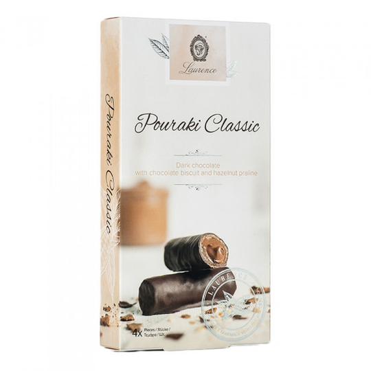 Tumma suklaa suklaakeksikkä ja hasselpähkinäpralineella Laurence "Pouraki Classic", 4 x 30 g
